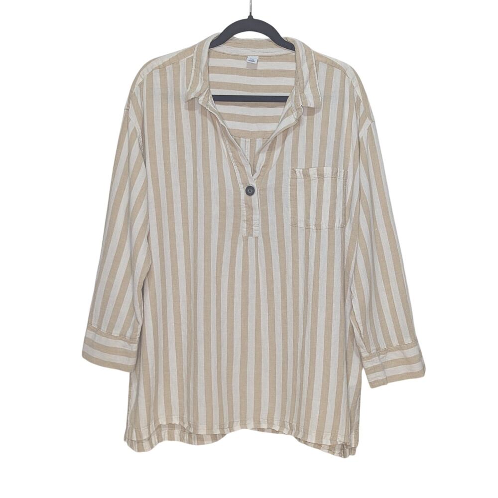 Old Navy Tan & White Linen Striped Collared 3/4 Sleeve Henley Tunic Size XXL